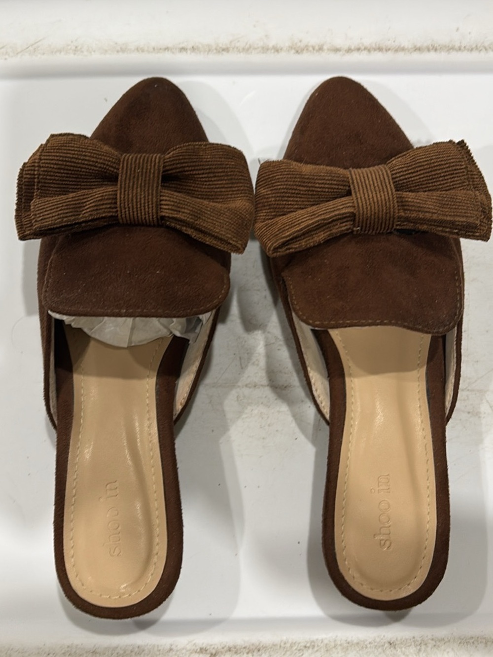Corduroy Bow Slide Mules in Brown size 5